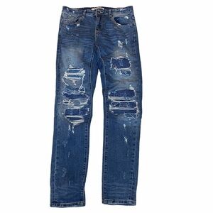 Men blue Embellish ripped skinny slim jean waist 30